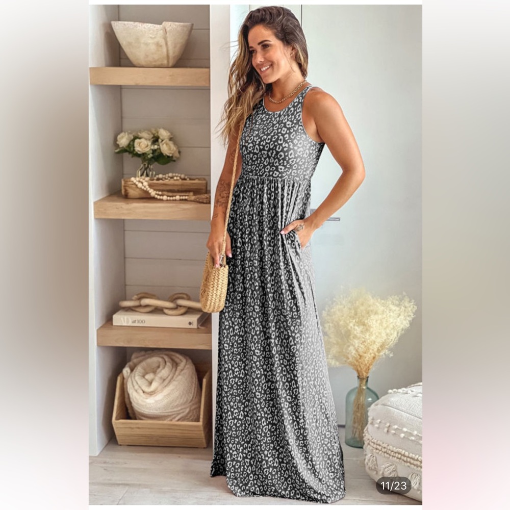 Gray Leopard print pocketed sleeveless maxi dress, pockets, NWT - Picture 5 of 7
